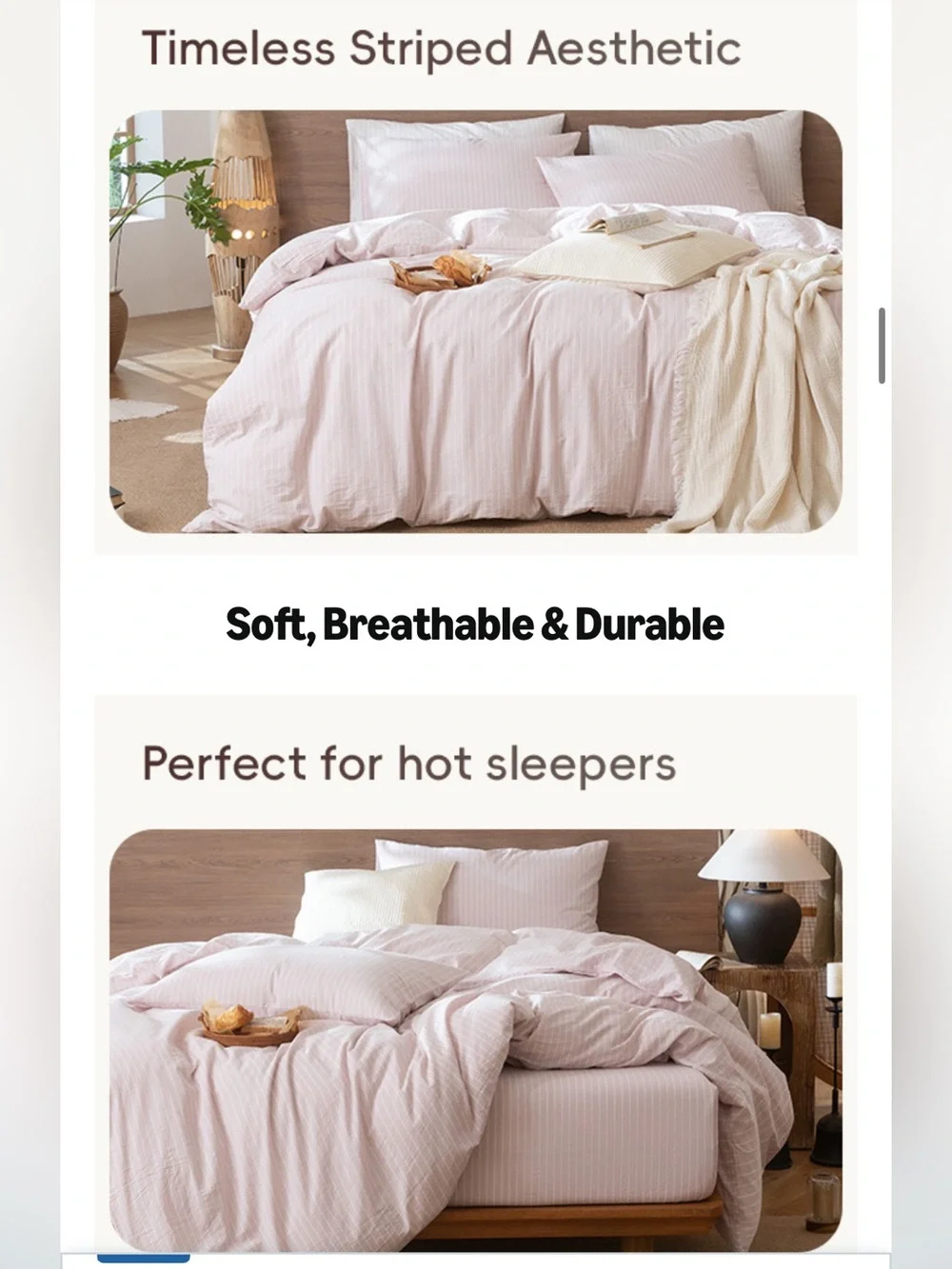 QUEEN Striped Duvet Set 3Pc. 100% Cotton 200 Thread Count GRAYISH PINK & WHITE